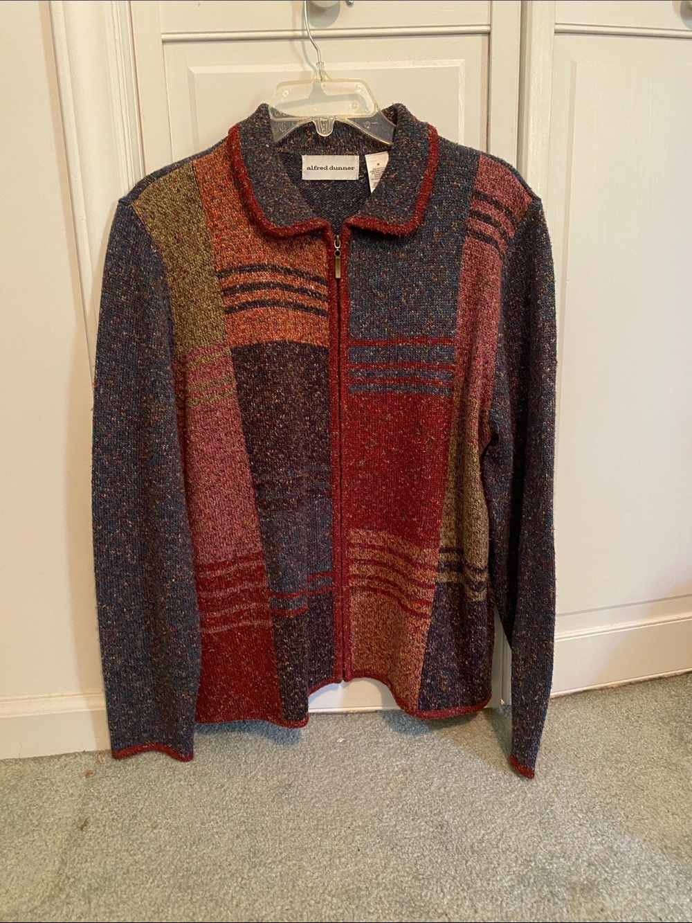 Alfred Dunner Women’s Zip-Front Multicolor Patchwork Sweater